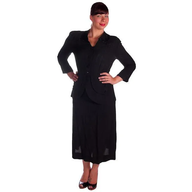 Vintage1940s Suit Black Rayon Embellished  Sequins Trim 1940s Astor Womens 43-31-41