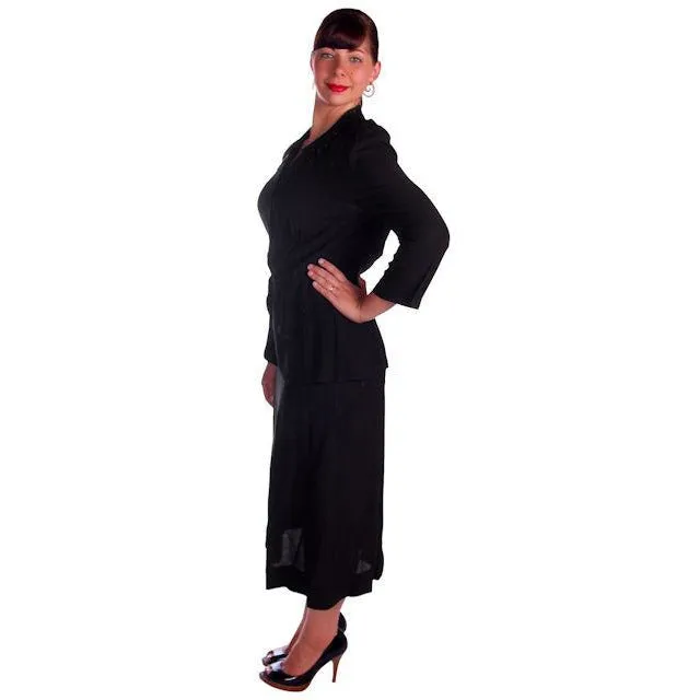Vintage1940s Suit Black Rayon Embellished  Sequins Trim 1940s Astor Womens 43-31-41