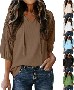 Waffle 3/4 Sleeve Tops for Women Fashion Casual V Neck Loose Fit Tunic Blouse Lace Splicing Sleeve Basic T Shirts