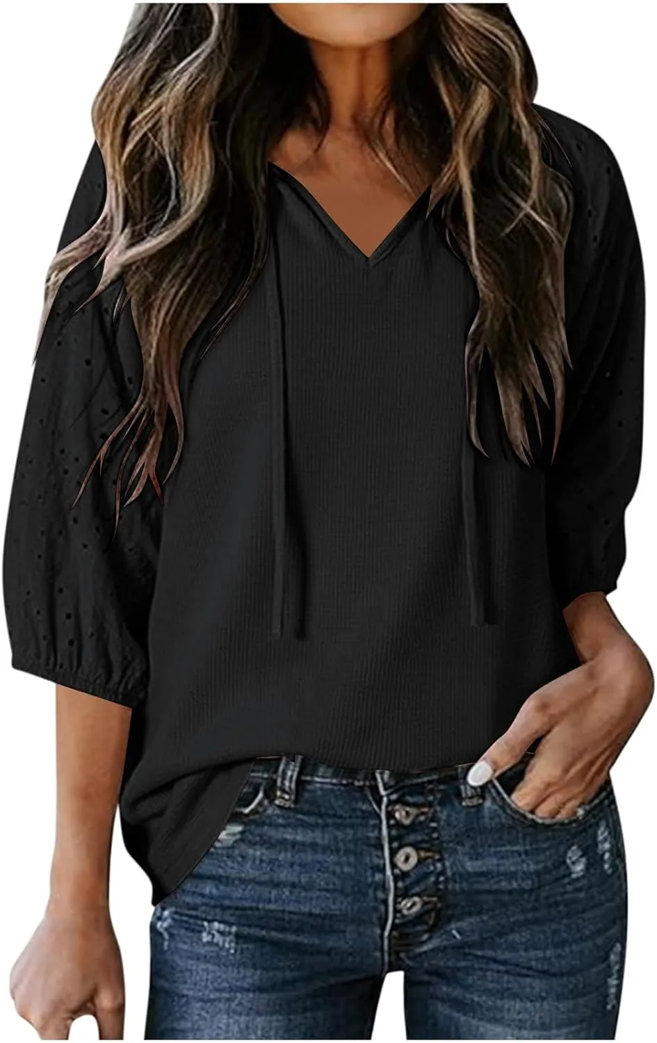 Waffle 3/4 Sleeve Tops for Women Fashion Casual V Neck Loose Fit Tunic Blouse Lace Splicing Sleeve Basic T Shirts