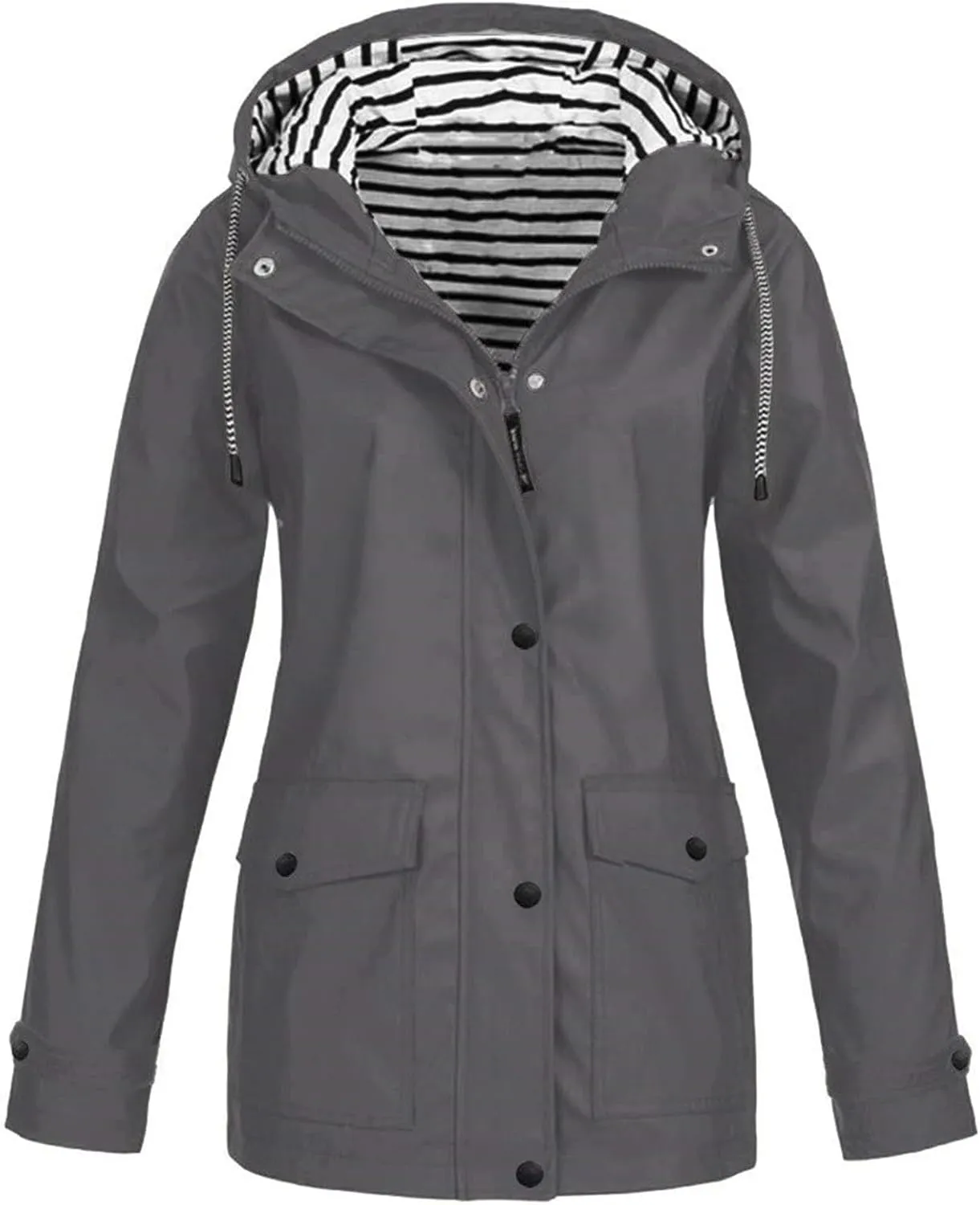Waterproof Jacket Women Zipper Hooded Rain Coat Button Down Long Sleeve Windbreaker Stripe Lined Outdoor Travel Coat