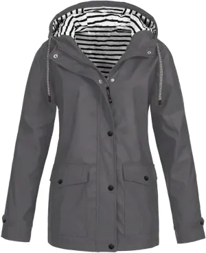 Waterproof Jacket Women Zipper Hooded Rain Coat Button Down Long Sleeve Windbreaker Stripe Lined Outdoor Travel Coat