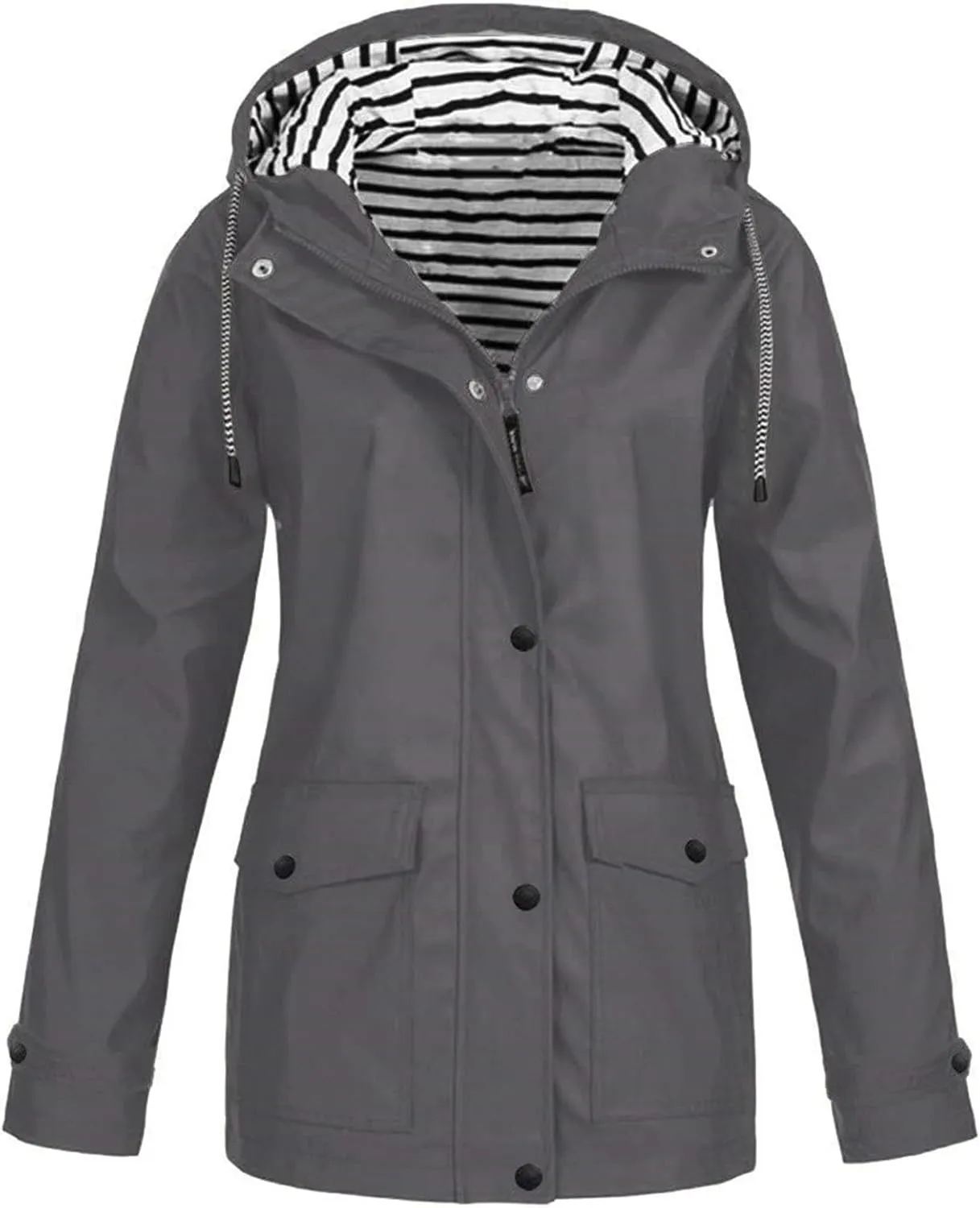 Waterproof Jacket Women Zipper Hooded Rain Coat Button Down Long Sleeve Windbreaker Stripe Lined Outdoor Travel Coat