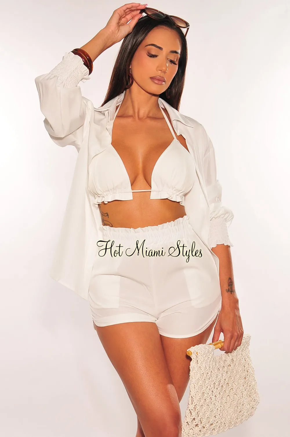 White Long Sleeve Padded Top Shorts Three Piece Set