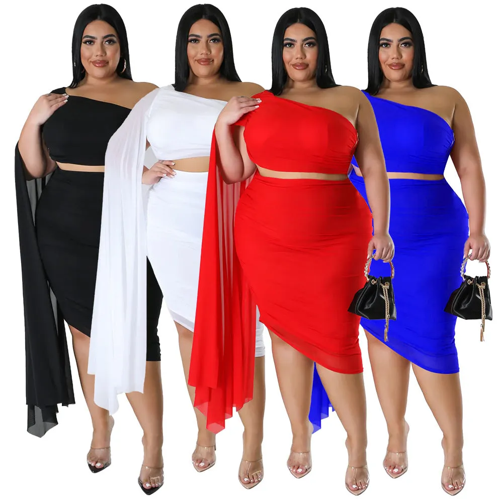 Wholesale Plus Size Clothing Fashionable High Stretch Raglan Collar Long Train Sleeve Crinkle Top And Hip Skirt Set
