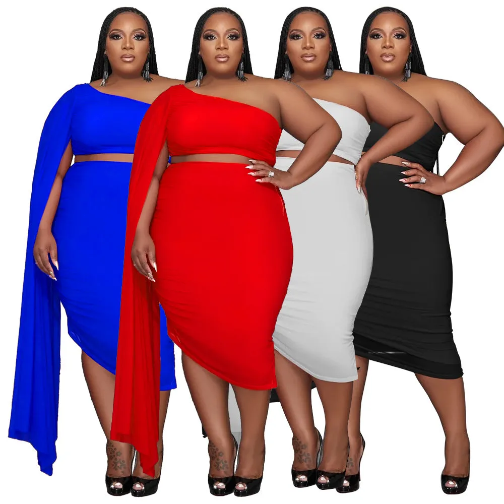 Wholesale Plus Size Clothing Fashionable High Stretch Raglan Collar Long Train Sleeve Crinkle Top And Hip Skirt Set