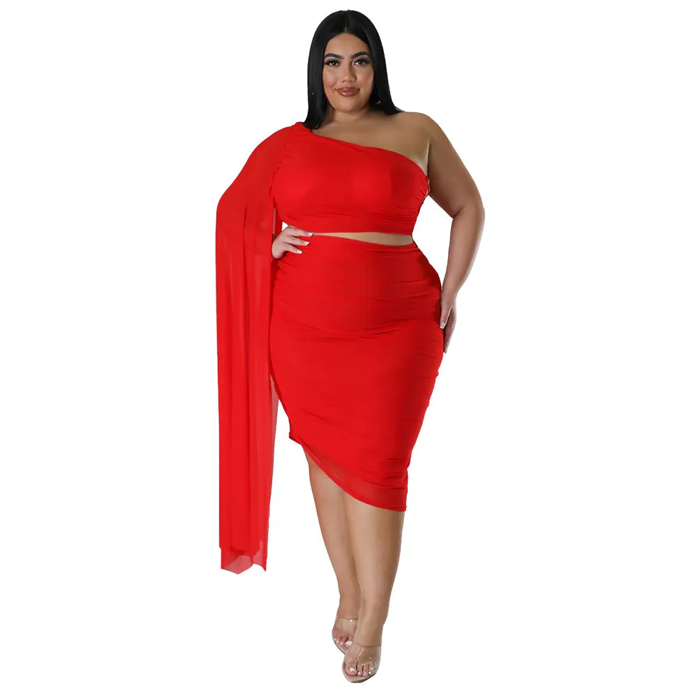 Wholesale Plus Size Clothing Fashionable High Stretch Raglan Collar Long Train Sleeve Crinkle Top And Hip Skirt Set