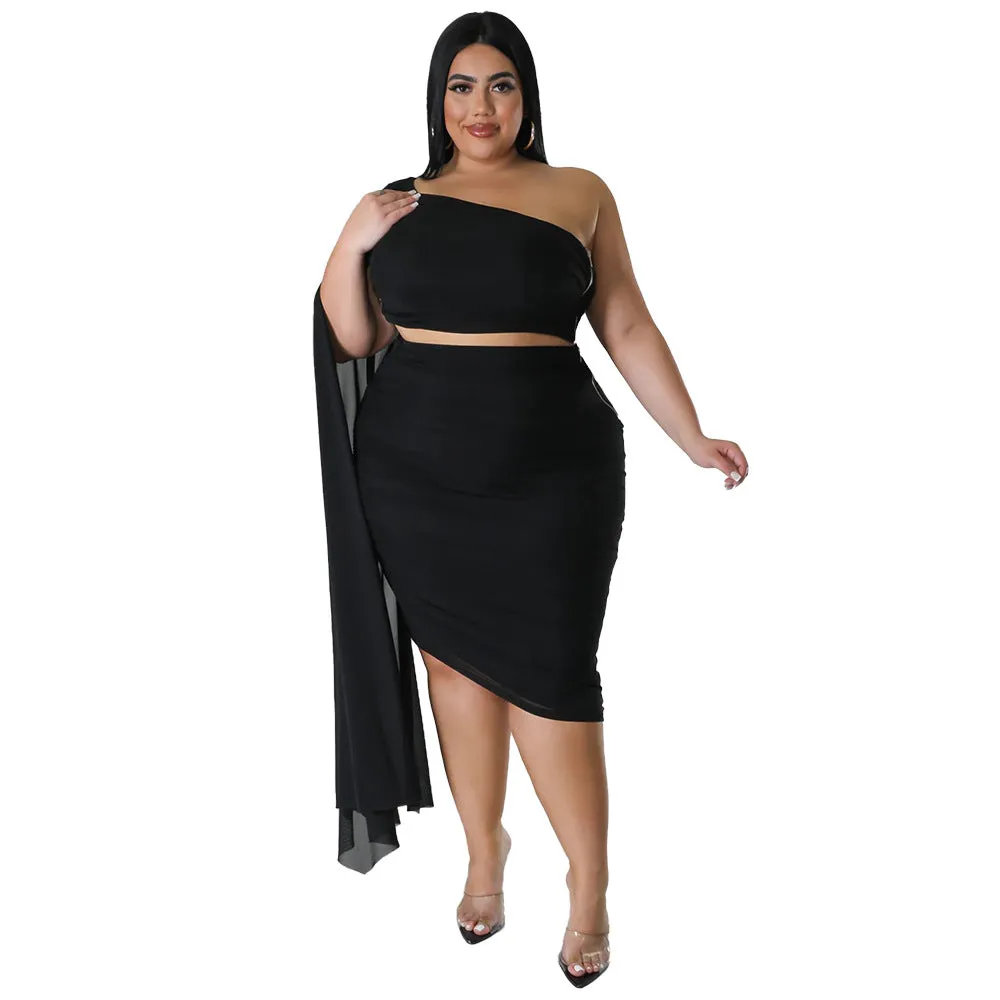 Wholesale Plus Size Clothing Fashionable High Stretch Raglan Collar Long Train Sleeve Crinkle Top And Hip Skirt Set