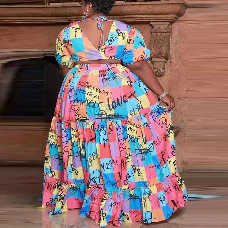 Wholesale Plus Size Clothing Printed Short Sleeve V-Neck Top And Big Hem Long Skirt Set