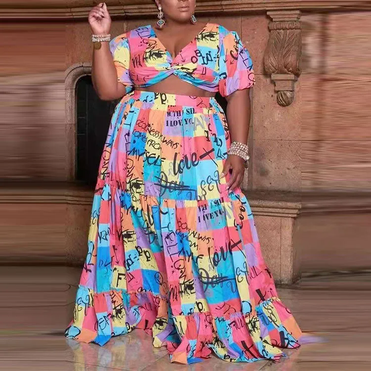 Wholesale Plus Size Clothing Printed Short Sleeve V-Neck Top And Big Hem Long Skirt Set