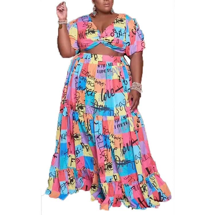 Wholesale Plus Size Clothing Printed Short Sleeve V-Neck Top And Big Hem Long Skirt Set