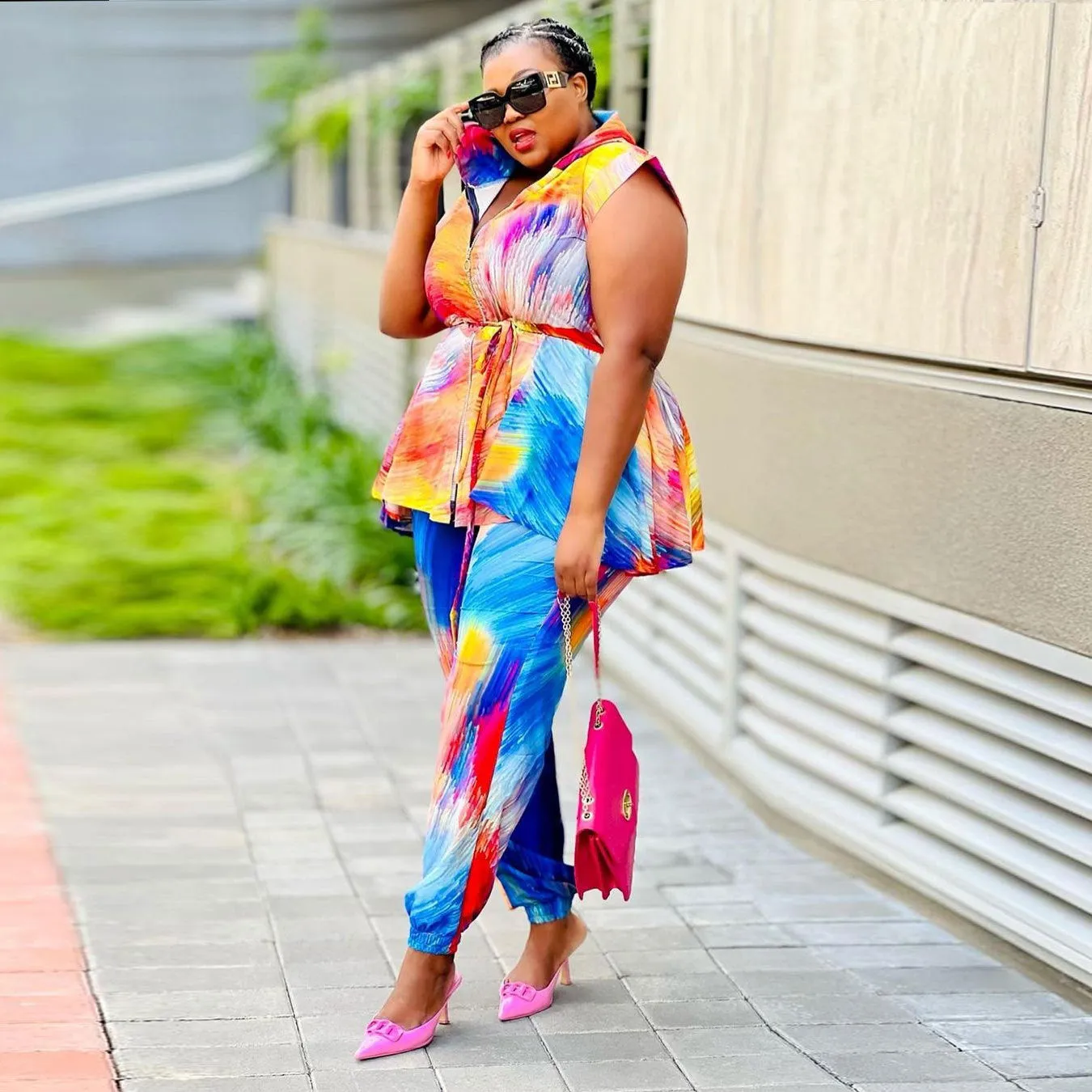 Wholesale Women'S Plus Size Clothing Stylish Print Hooded Zipped Blouses Two-Piece Trouser Set