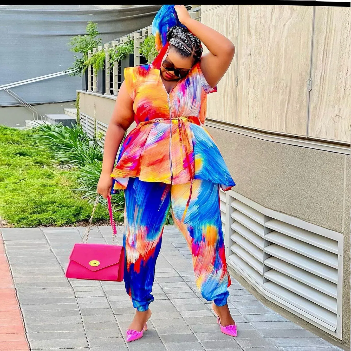 Wholesale Women'S Plus Size Clothing Stylish Print Hooded Zipped Blouses Two-Piece Trouser Set