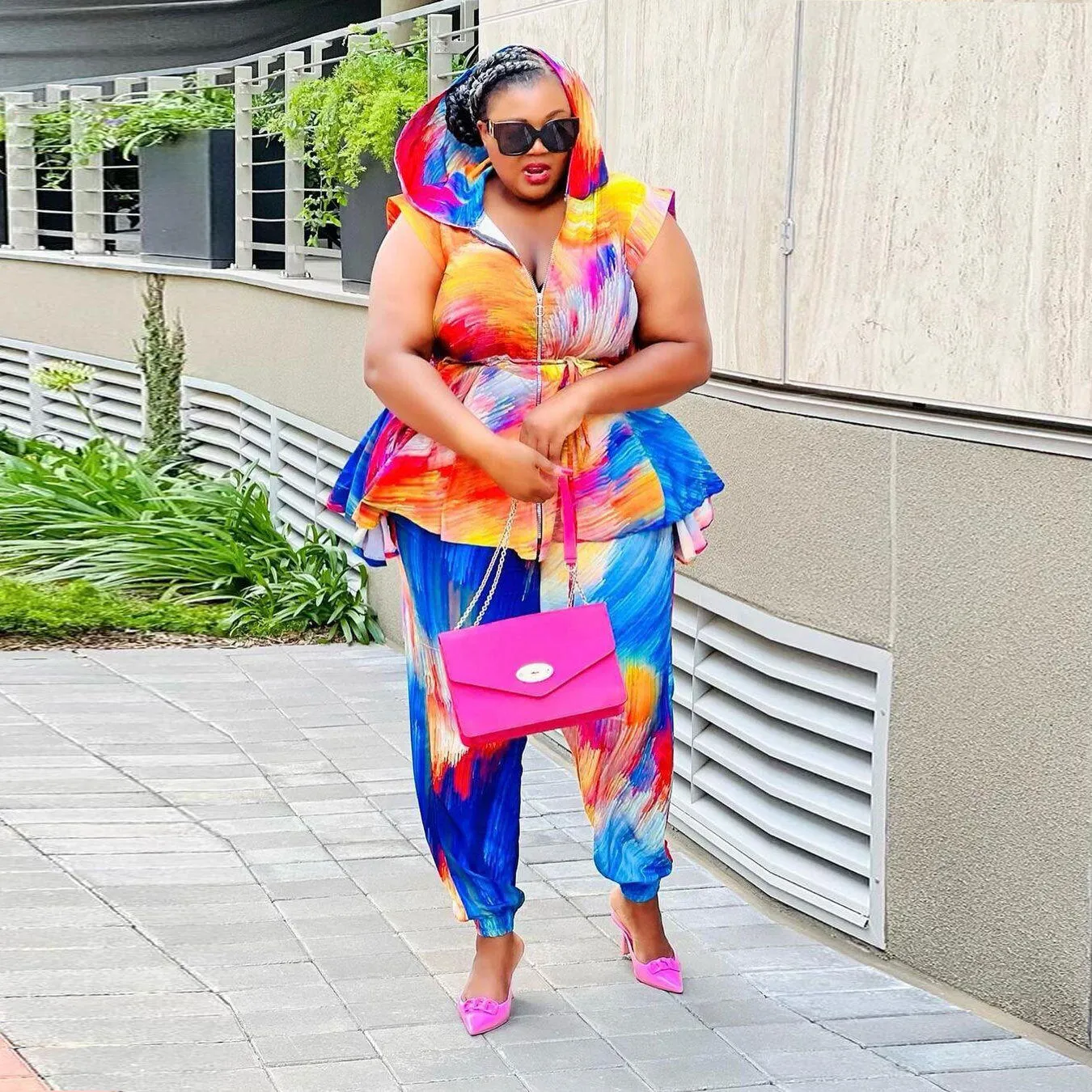 Wholesale Women'S Plus Size Clothing Stylish Print Hooded Zipped Blouses Two-Piece Trouser Set