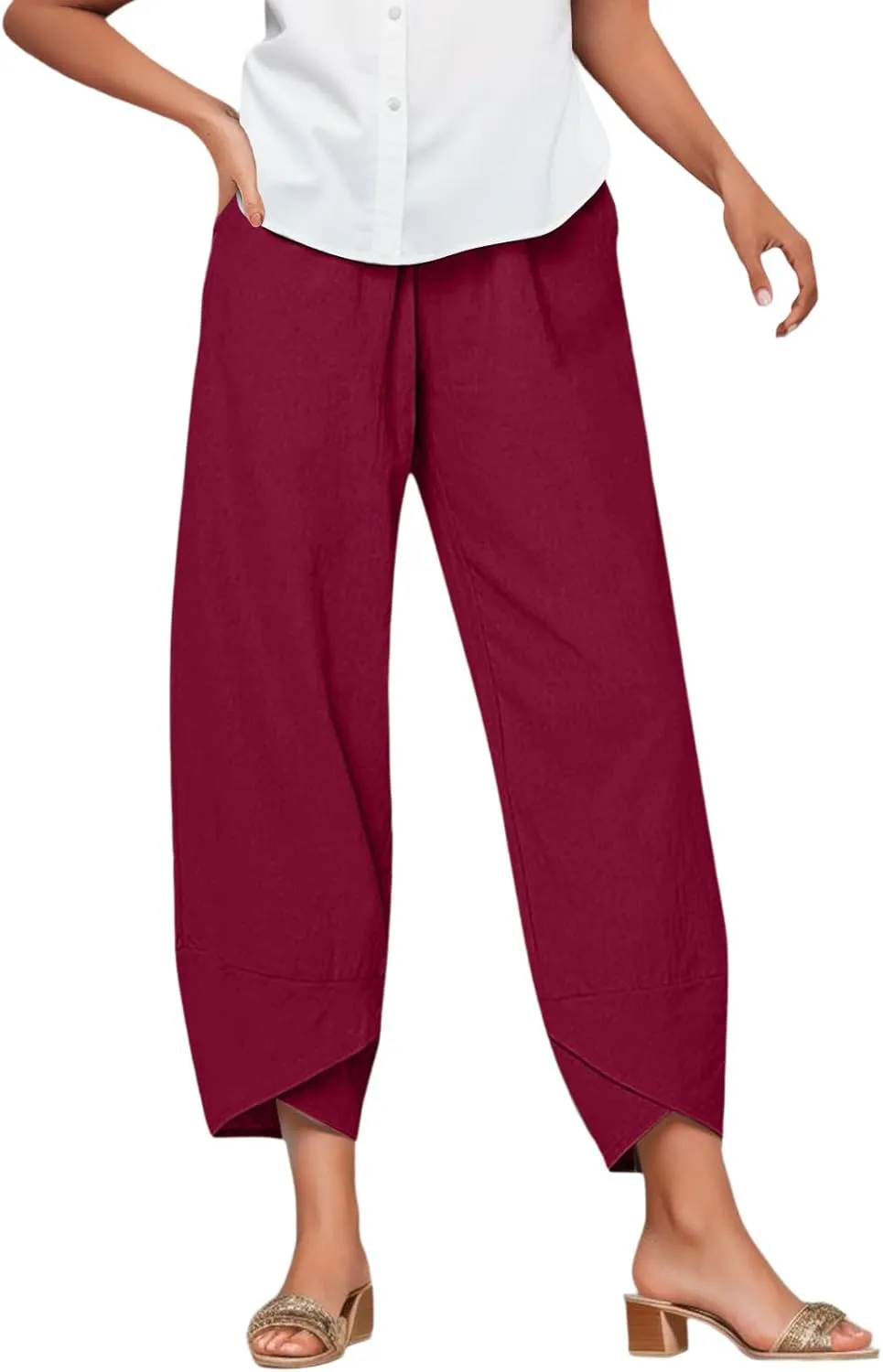 Wide Leg Linen Pants for Women Cotton Casual Summer Cropped Comfy Baggy Pants Straight Leg Breathable Loose Fit Trousers