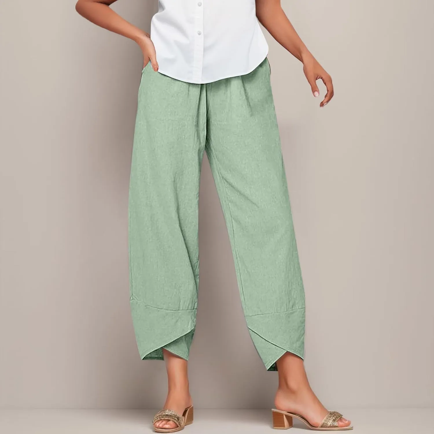 Wide Leg Linen Pants for Women Cotton Casual Summer Cropped Comfy Baggy Pants Straight Leg Breathable Loose Fit Trousers