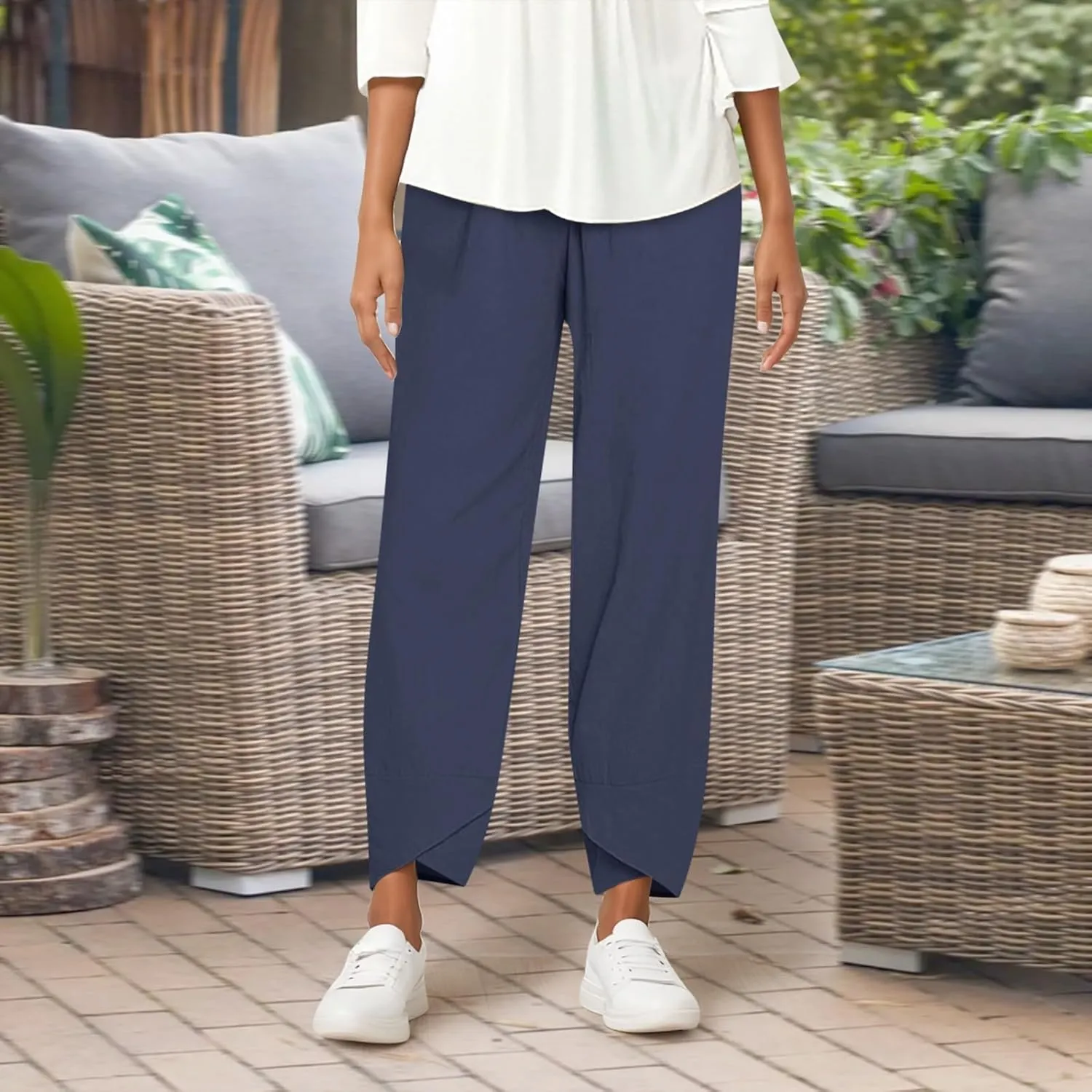 Wide Leg Linen Pants for Women Cotton Casual Summer Cropped Comfy Baggy Pants Straight Leg Breathable Loose Fit Trousers