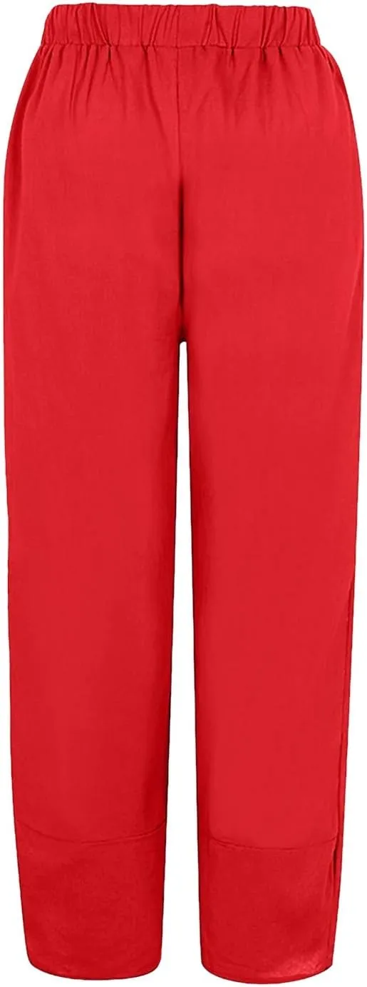 Wide Leg Linen Pants for Women Cotton Casual Summer Cropped Comfy Baggy Pants Straight Leg Breathable Loose Fit Trousers