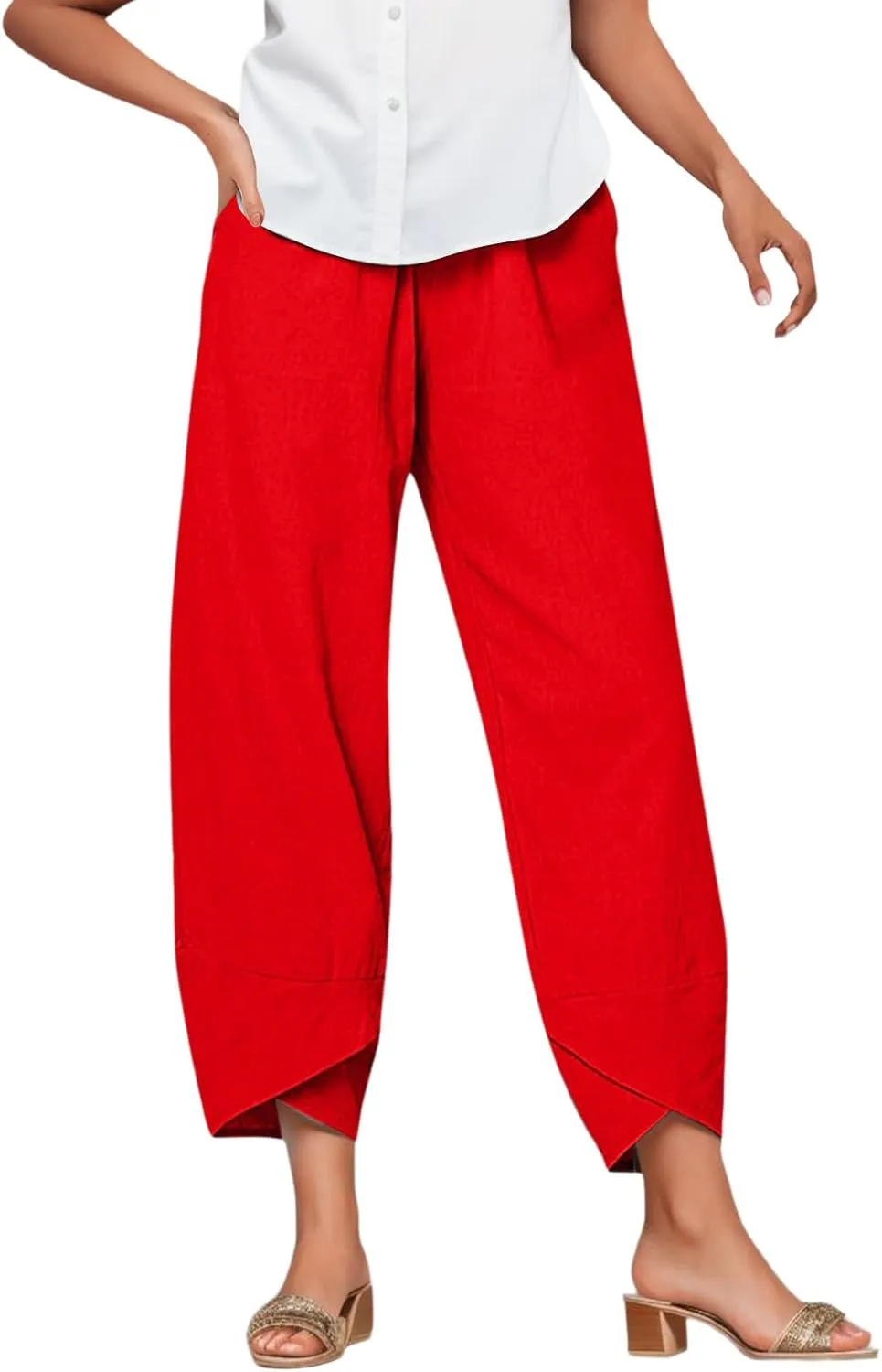 Wide Leg Linen Pants for Women Cotton Casual Summer Cropped Comfy Baggy Pants Straight Leg Breathable Loose Fit Trousers