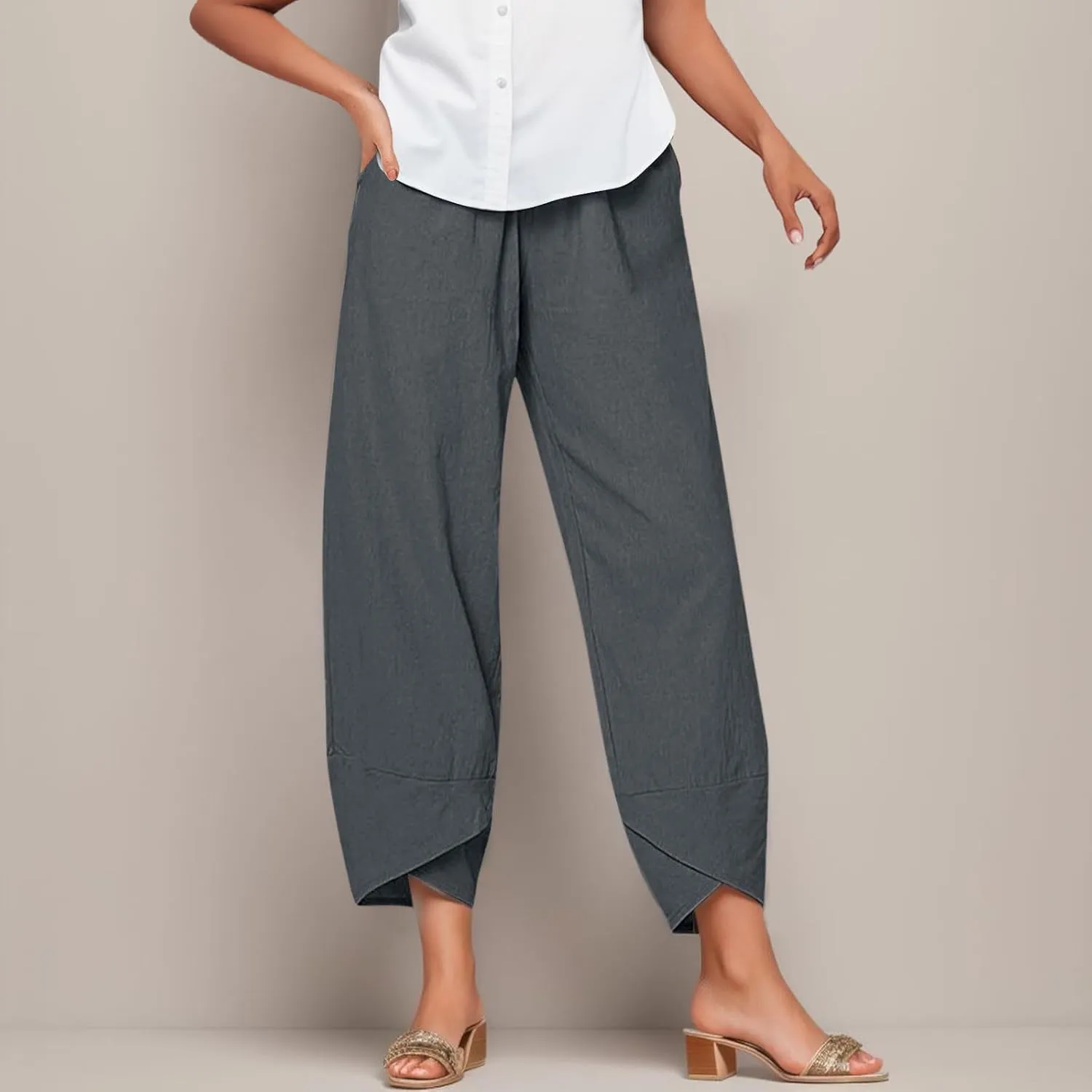 Wide Leg Linen Pants for Women Cotton Casual Summer Cropped Comfy Baggy Pants Straight Leg Breathable Loose Fit Trousers