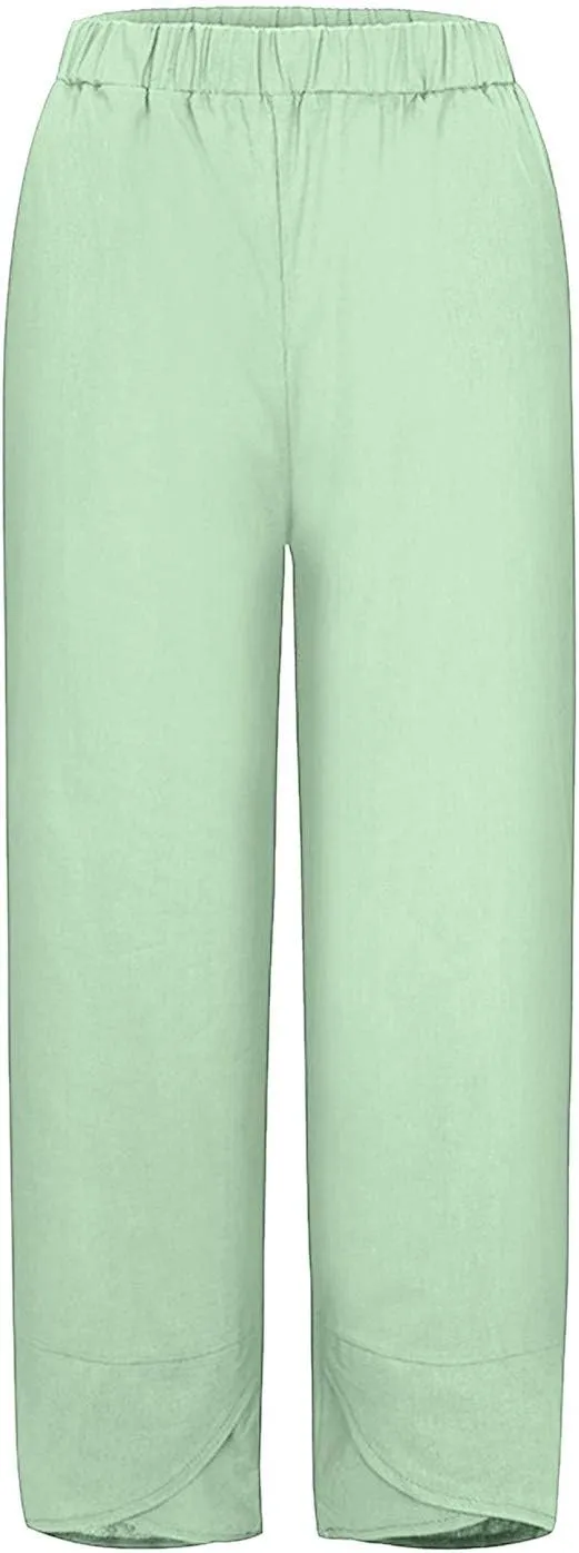 Wide Leg Linen Pants for Women Cotton Casual Summer Cropped Comfy Baggy Pants Straight Leg Breathable Loose Fit Trousers