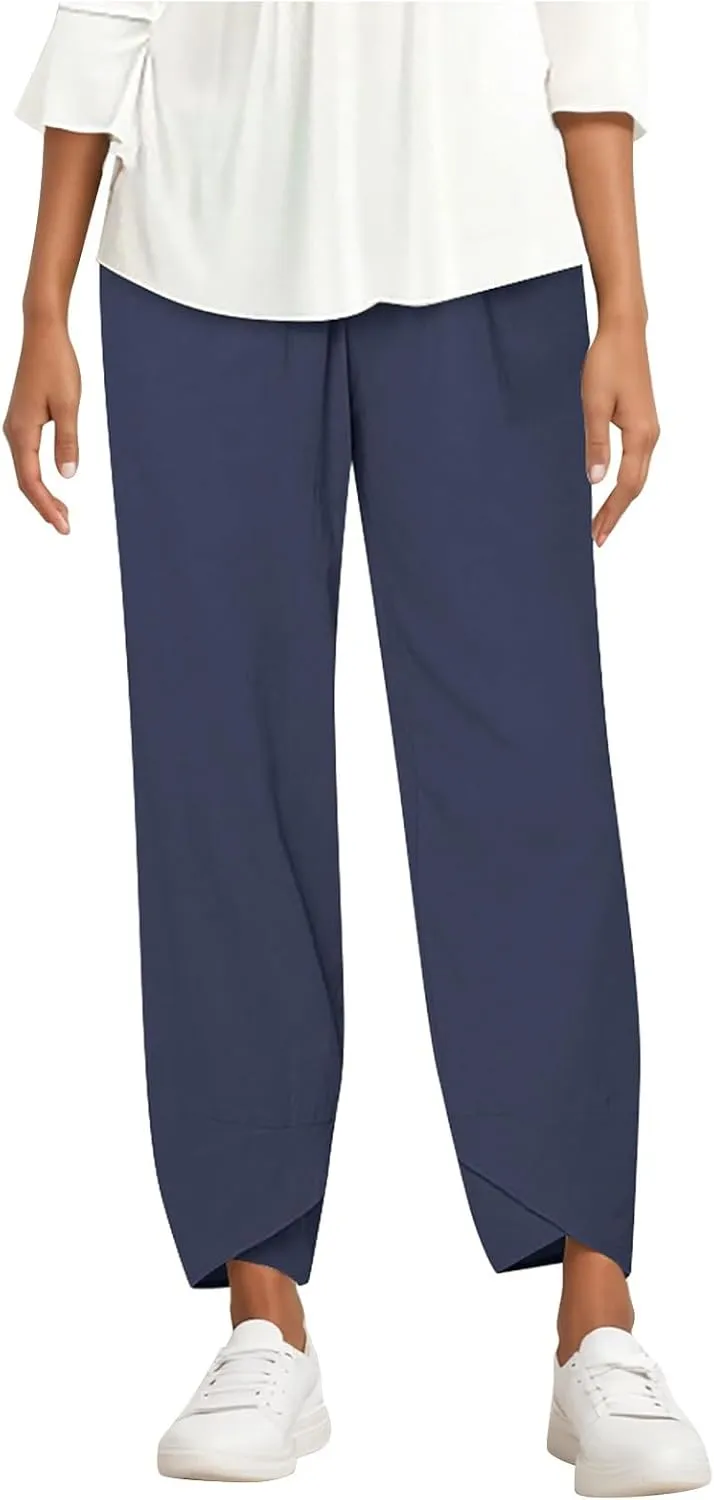 Wide Leg Linen Pants for Women Cotton Casual Summer Cropped Comfy Baggy Pants Straight Leg Breathable Loose Fit Trousers