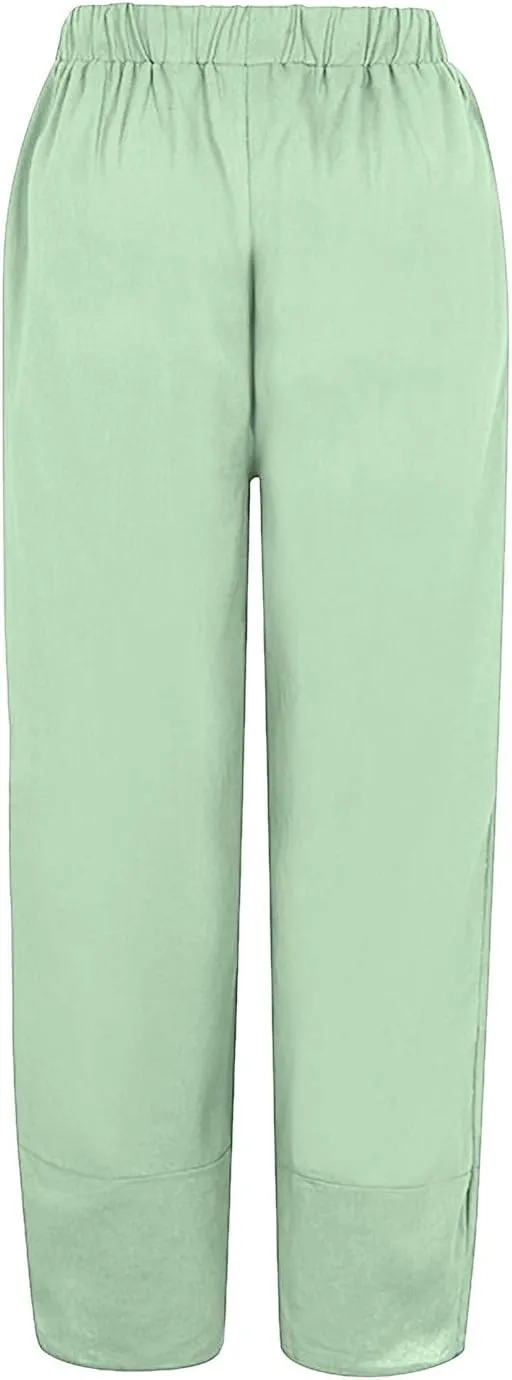 Wide Leg Linen Pants for Women Cotton Casual Summer Cropped Comfy Baggy Pants Straight Leg Breathable Loose Fit Trousers
