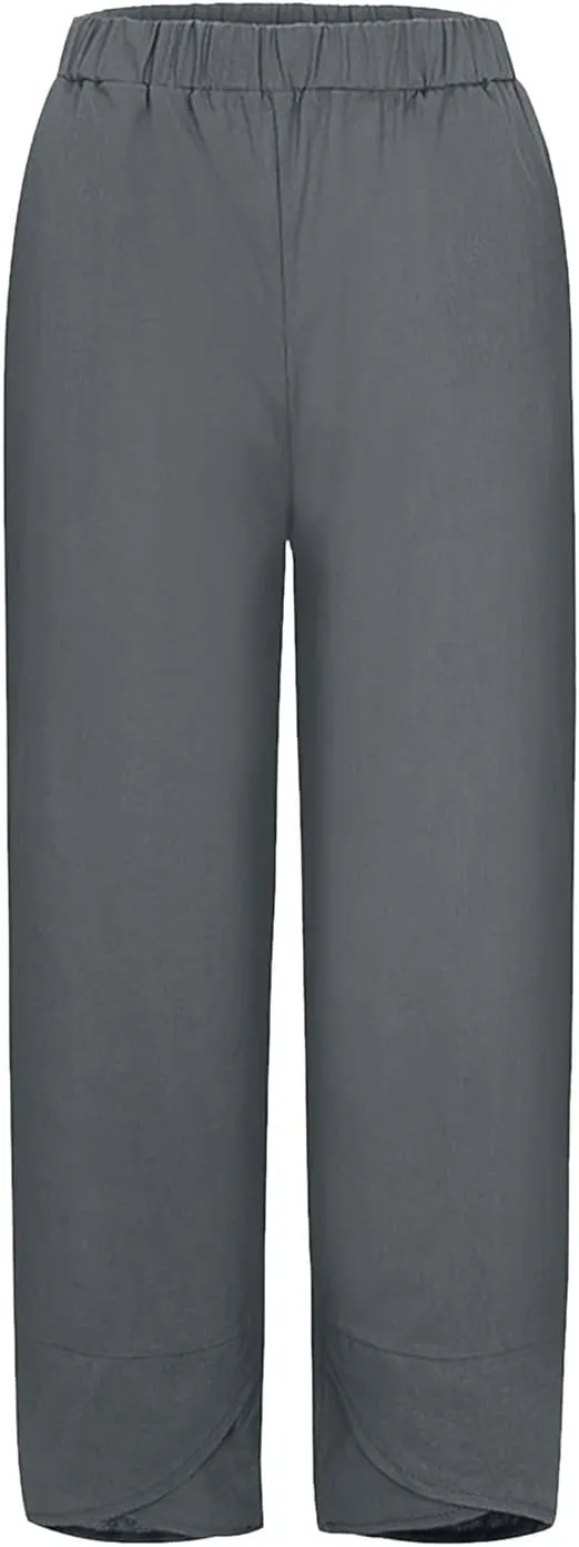 Wide Leg Linen Pants for Women Cotton Casual Summer Cropped Comfy Baggy Pants Straight Leg Breathable Loose Fit Trousers