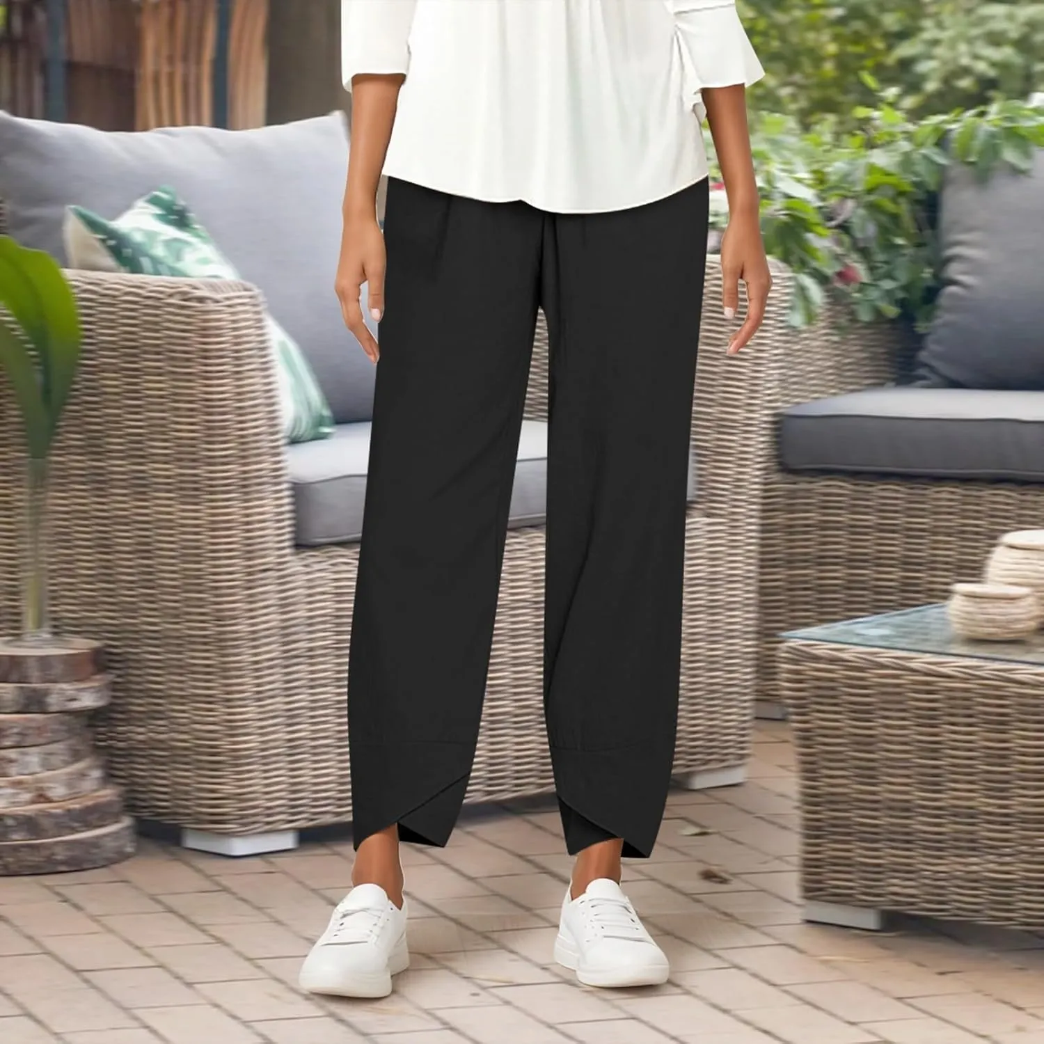 Wide Leg Linen Pants for Women Cotton Casual Summer Cropped Comfy Baggy Pants Straight Leg Breathable Loose Fit Trousers