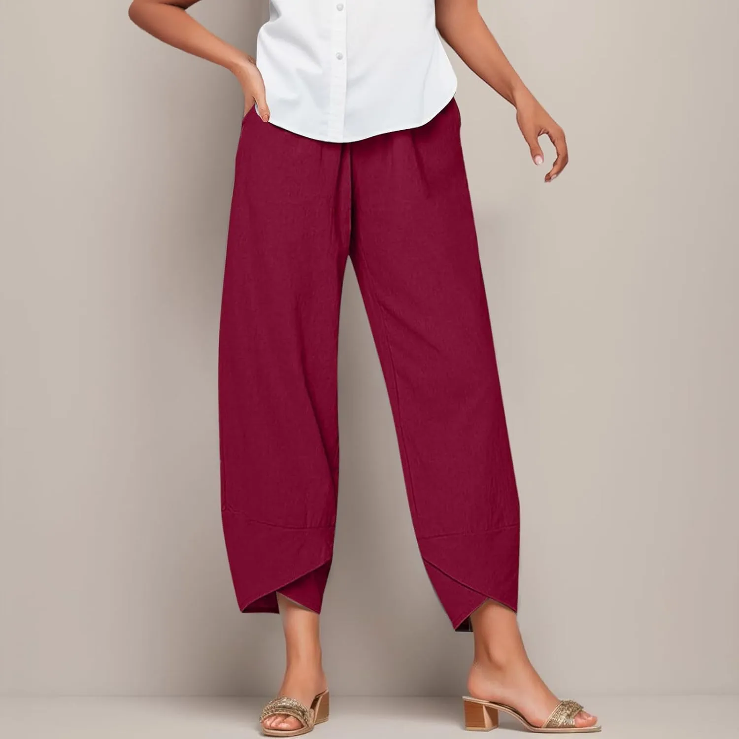 Wide Leg Linen Pants for Women Cotton Casual Summer Cropped Comfy Baggy Pants Straight Leg Breathable Loose Fit Trousers
