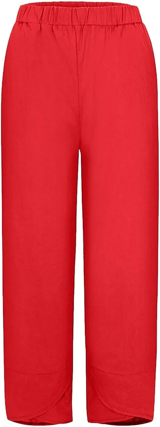 Wide Leg Linen Pants for Women Cotton Casual Summer Cropped Comfy Baggy Pants Straight Leg Breathable Loose Fit Trousers