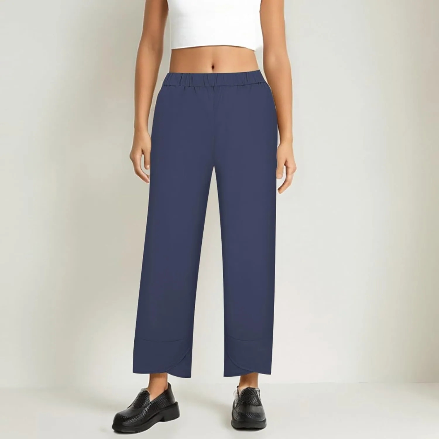 Wide Leg Linen Pants for Women Cotton Casual Summer Cropped Comfy Baggy Pants Straight Leg Breathable Loose Fit Trousers