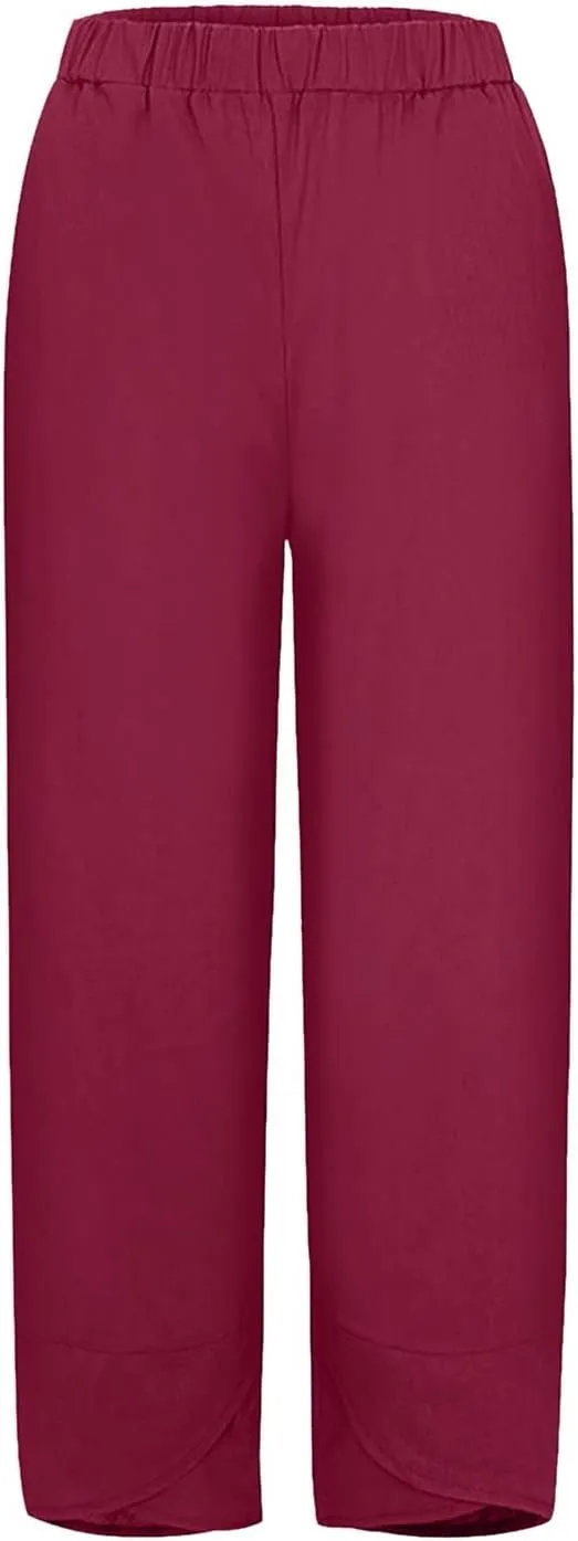 Wide Leg Linen Pants for Women Cotton Casual Summer Cropped Comfy Baggy Pants Straight Leg Breathable Loose Fit Trousers