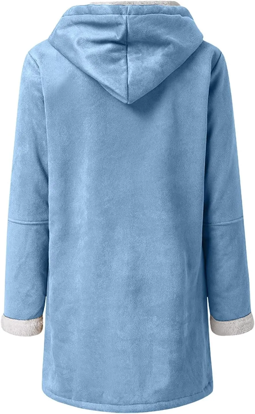 Windproof Sherpa Lined Outerwear for Women Winter, Fleece Hooded Overcoat with Pockets, Warm Thickened Parka Coat