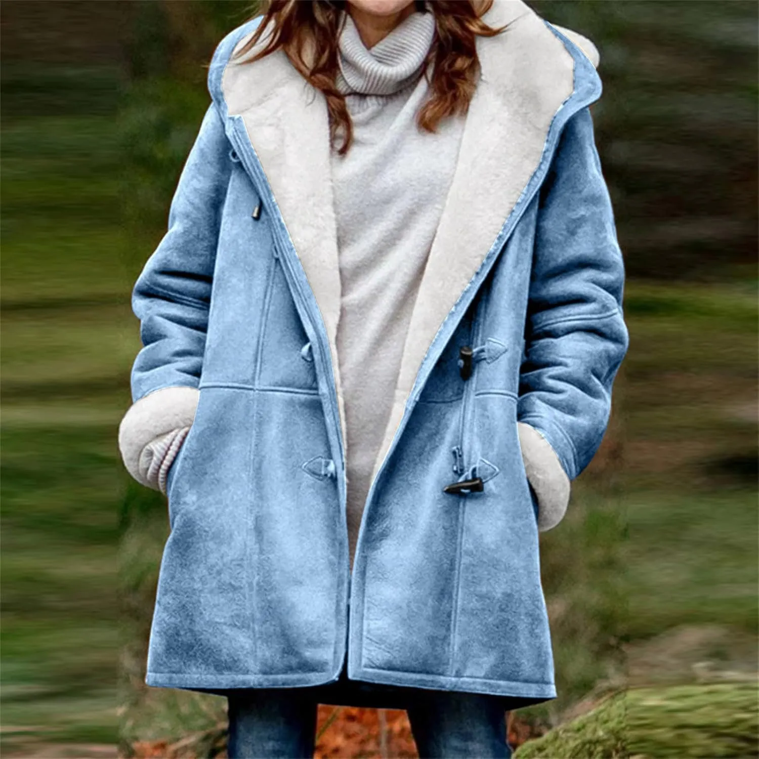 Windproof Sherpa Lined Outerwear for Women Winter, Fleece Hooded Overcoat with Pockets, Warm Thickened Parka Coat