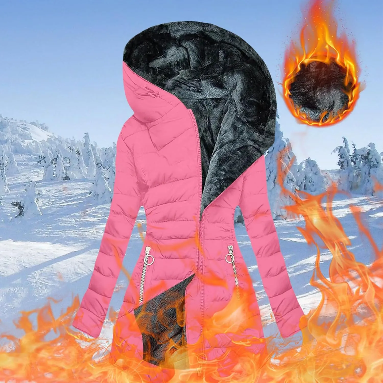 Winter Coats for Women Zipper Hooded Puffer Coat Sherpa Fleece Lined Thicken Coat Winter Warm Parka Coat Outerwear