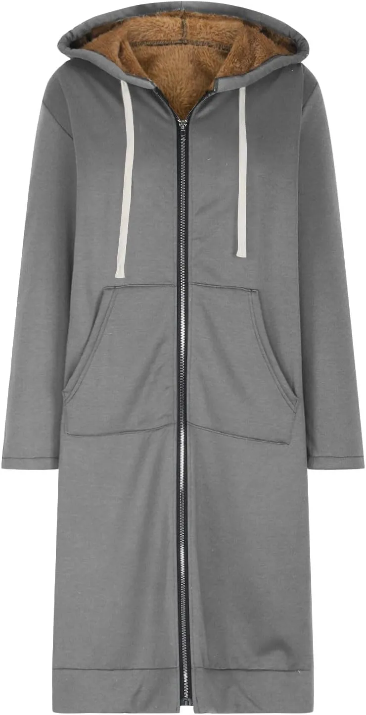Winter Fleece Lined Sweatshirts Hoodies for Women Zip Up Knee Length Coats Comfy Hooded Jackets with Pockets