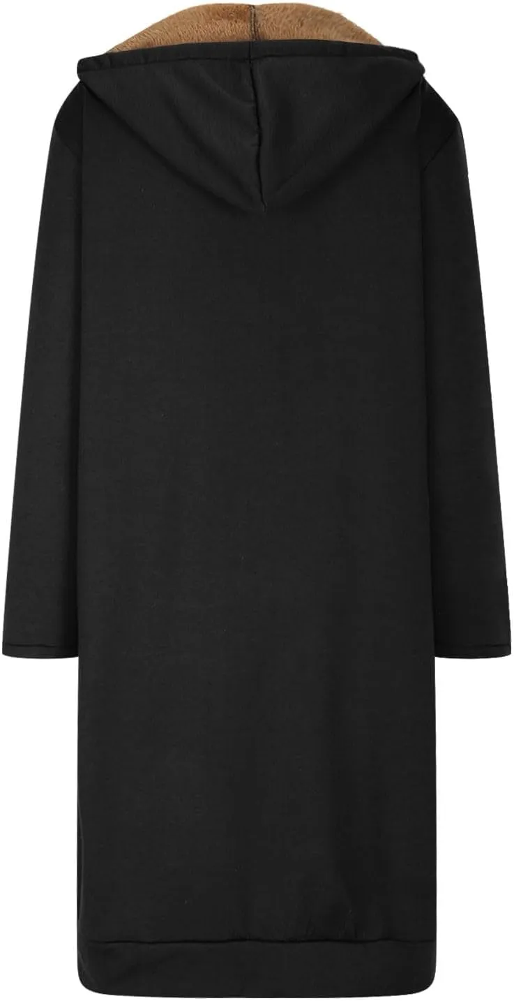 Winter Fleece Lined Sweatshirts Hoodies for Women Zip Up Knee Length Coats Comfy Hooded Jackets with Pockets