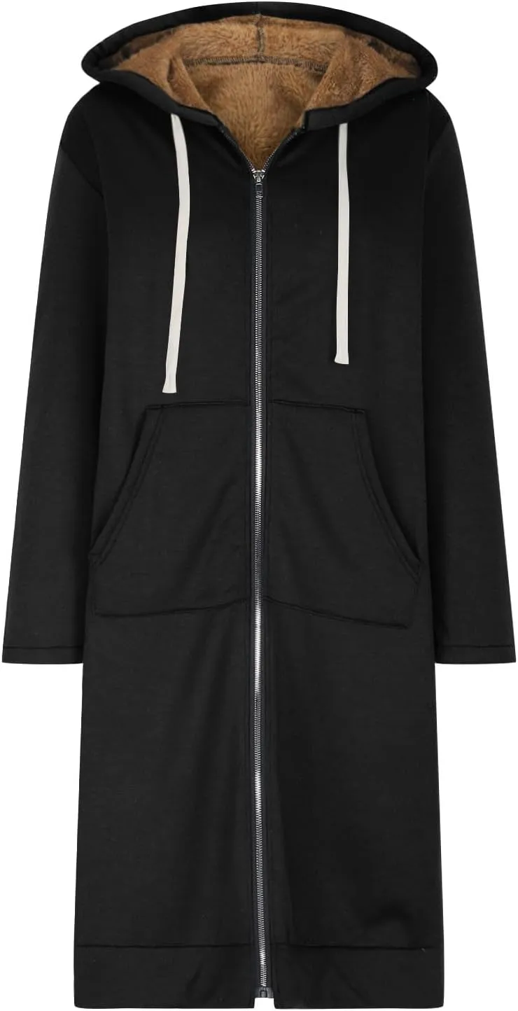 Winter Fleece Lined Sweatshirts Hoodies for Women Zip Up Knee Length Coats Comfy Hooded Jackets with Pockets