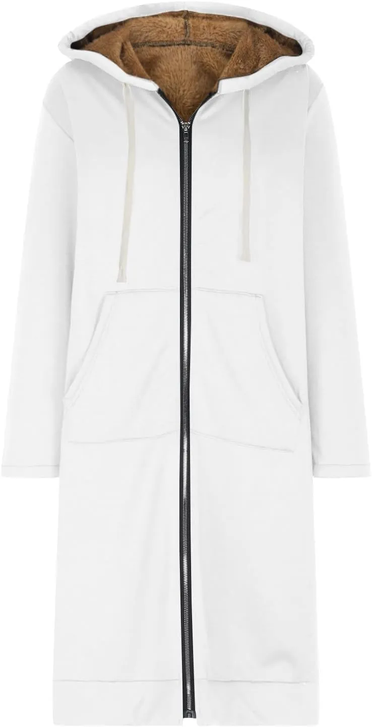 Winter Fleece Lined Sweatshirts Hoodies for Women Zip Up Knee Length Coats Comfy Hooded Jackets with Pockets