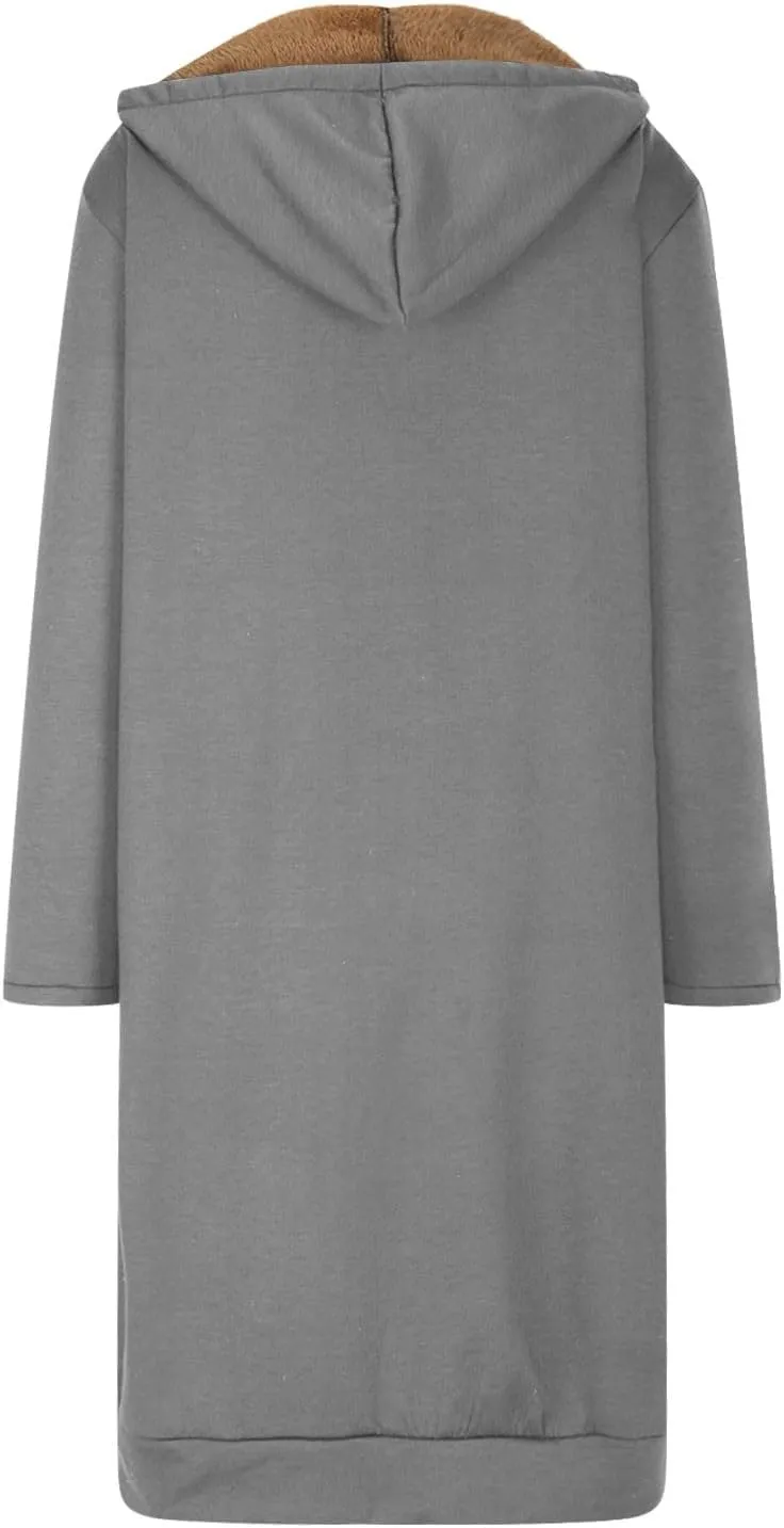 Winter Fleece Lined Sweatshirts Hoodies for Women Zip Up Knee Length Coats Comfy Hooded Jackets with Pockets
