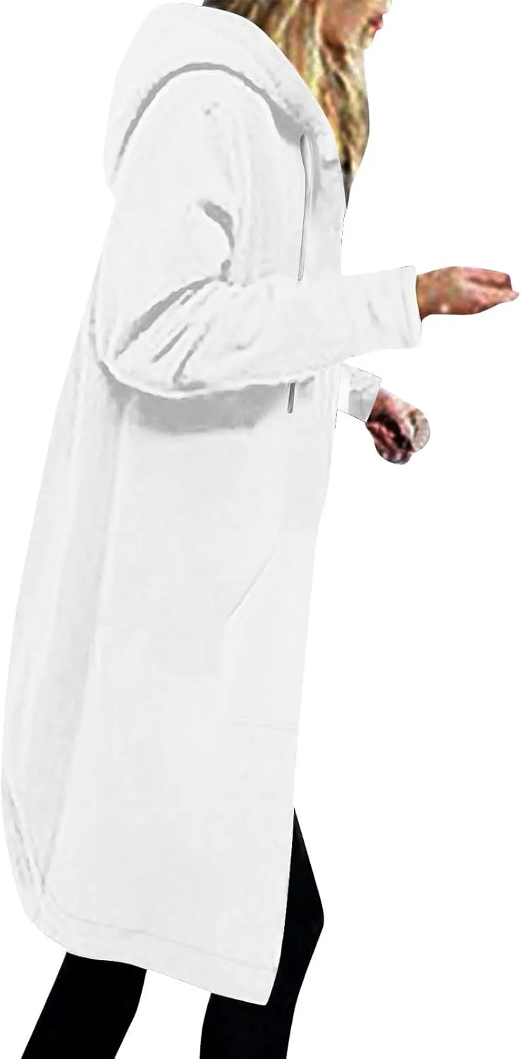 Winter Fleece Lined Sweatshirts Hoodies for Women Zip Up Knee Length Coats Comfy Hooded Jackets with Pockets