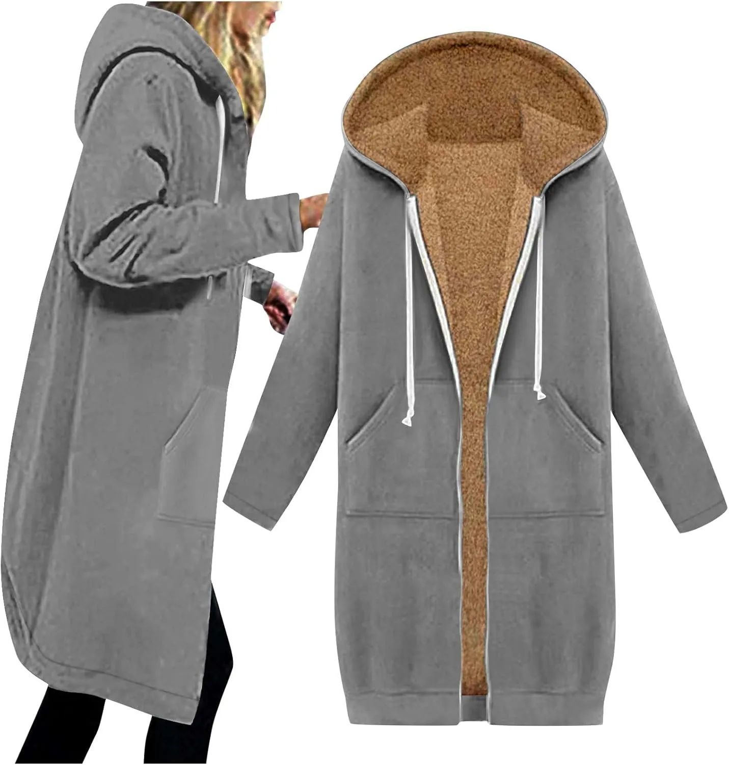 Winter Fleece Lined Sweatshirts Hoodies for Women Zip Up Knee Length Coats Comfy Hooded Jackets with Pockets