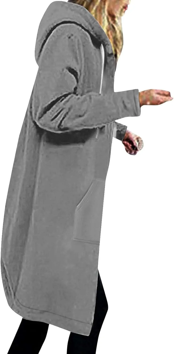 Winter Fleece Lined Sweatshirts Hoodies for Women Zip Up Knee Length Coats Comfy Hooded Jackets with Pockets