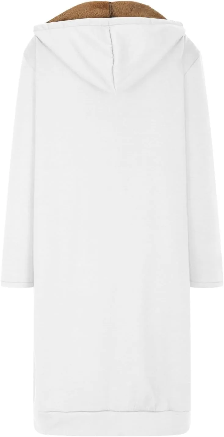 Winter Fleece Lined Sweatshirts Hoodies for Women Zip Up Knee Length Coats Comfy Hooded Jackets with Pockets