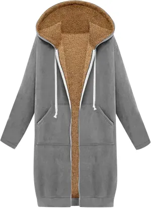 Winter Fleece Lined Sweatshirts Hoodies for Women Zip Up Knee Length Coats Comfy Hooded Jackets with Pockets