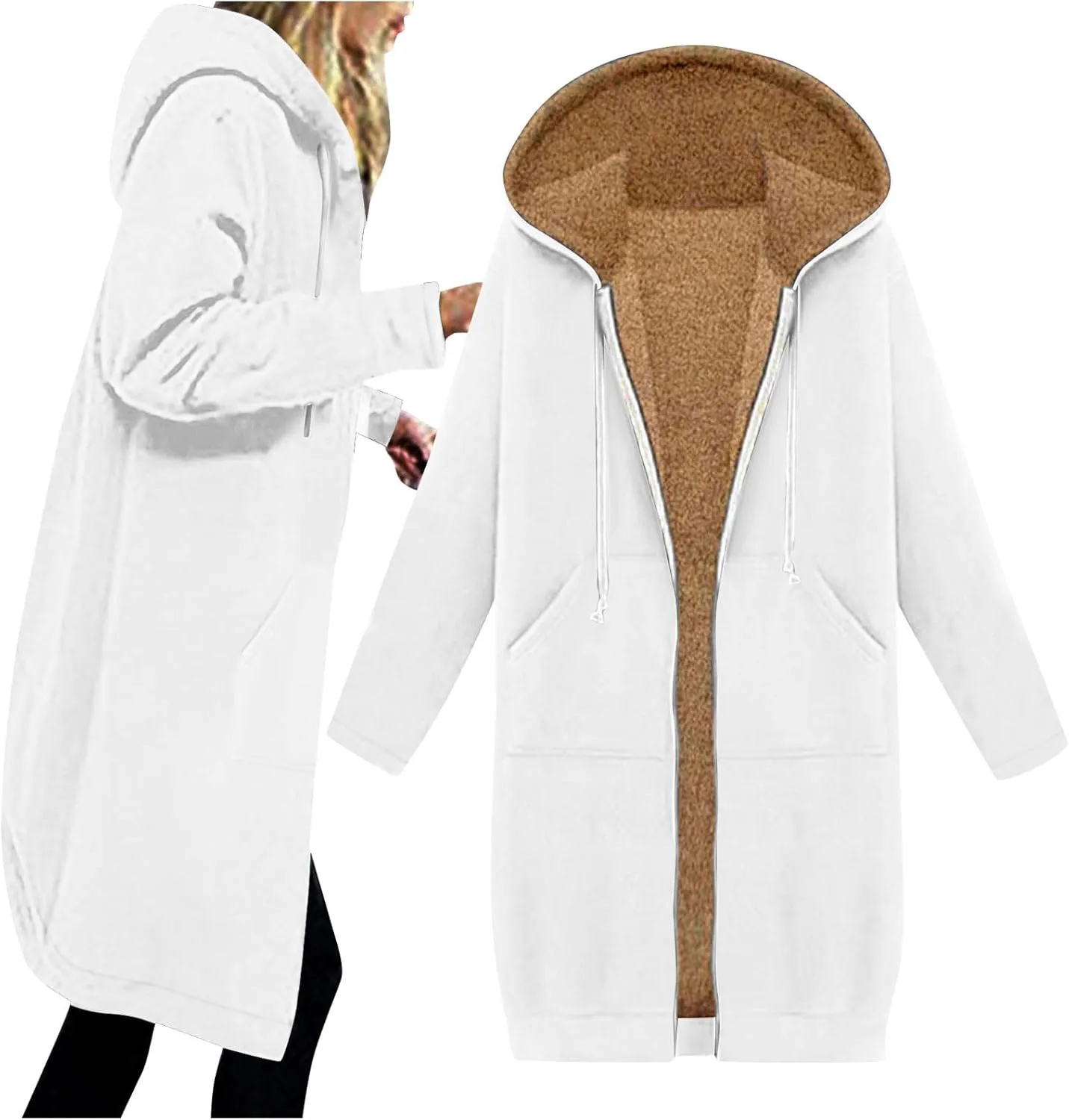 Winter Fleece Lined Sweatshirts Hoodies for Women Zip Up Knee Length Coats Comfy Hooded Jackets with Pockets