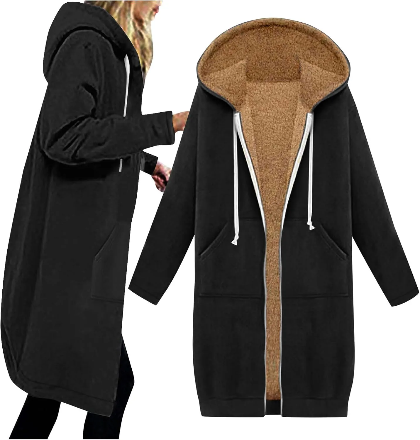 Winter Fleece Lined Sweatshirts Hoodies for Women Zip Up Knee Length Coats Comfy Hooded Jackets with Pockets