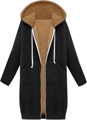 Winter Fleece Lined Sweatshirts Hoodies for Women Zip Up Knee Length Coats Comfy Hooded Jackets with Pockets