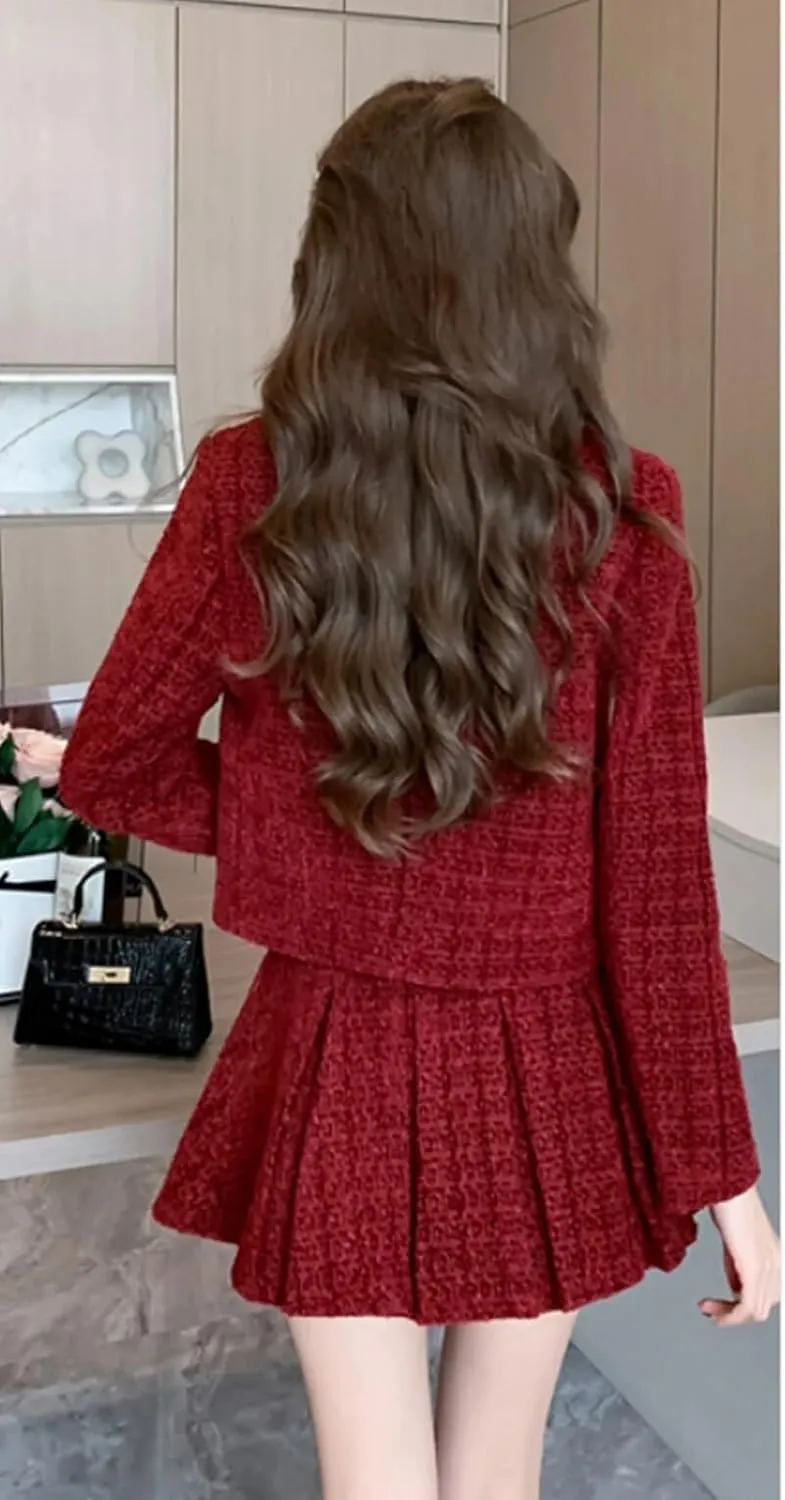 Winter Korean Sweet Tweed Two Piece Set Women Short Jacket Coat Mini Pleated Skirt Set Female Two Piece Outfits